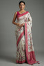 Off White Dola Silk Floral and Bird Motif Saree with Contrast Woven Border and Pallu - white silk saree