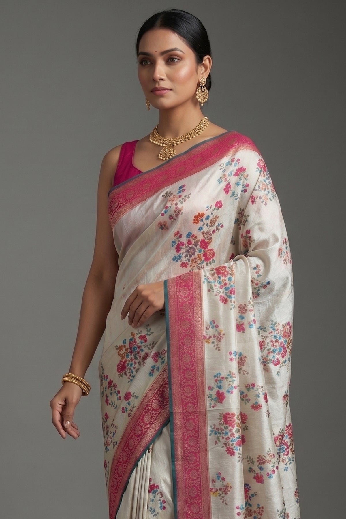 Off White Dola Silk Floral and Bird Motif Saree with Contrast Woven Border and Pallu - white silk saree