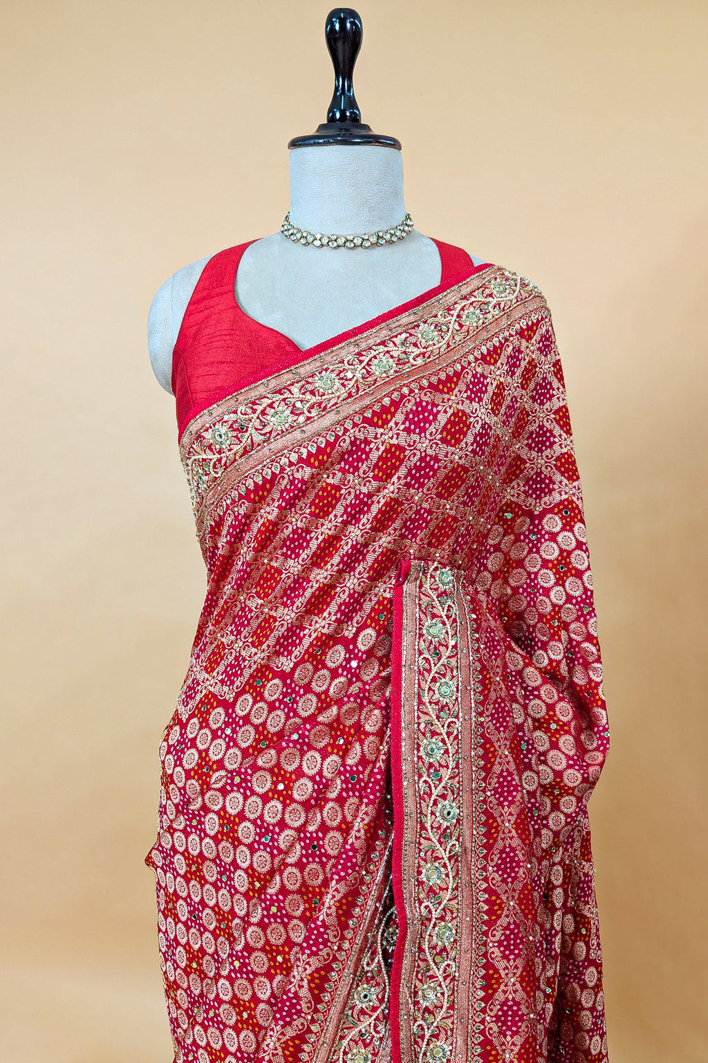 Red and Pink Bandhej Woven Saree with Bead and Cutdana Work - red saree bandhej