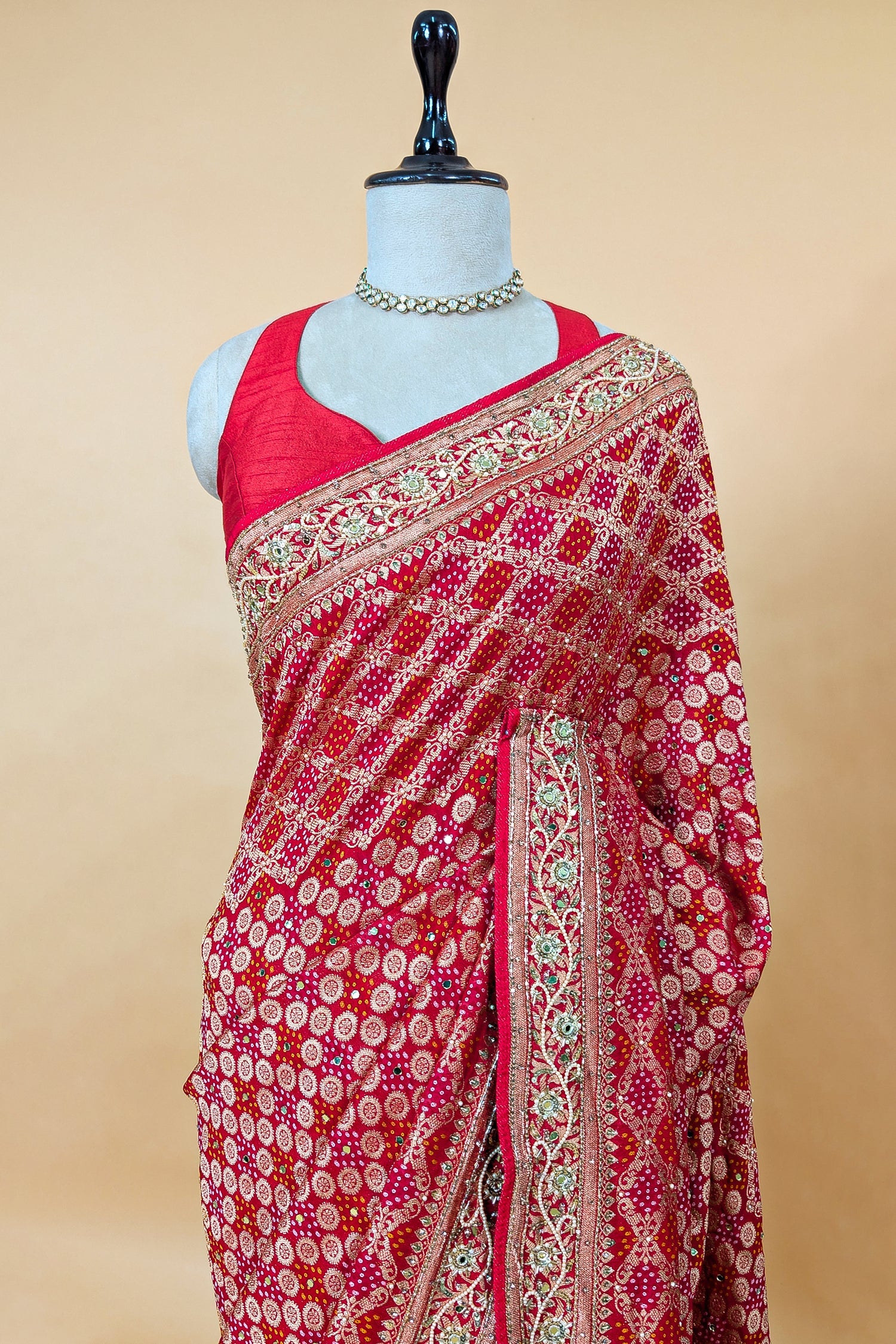 Red and Pink Bandhej Woven Saree with Bead and Cutdana Work - red saree bandhej