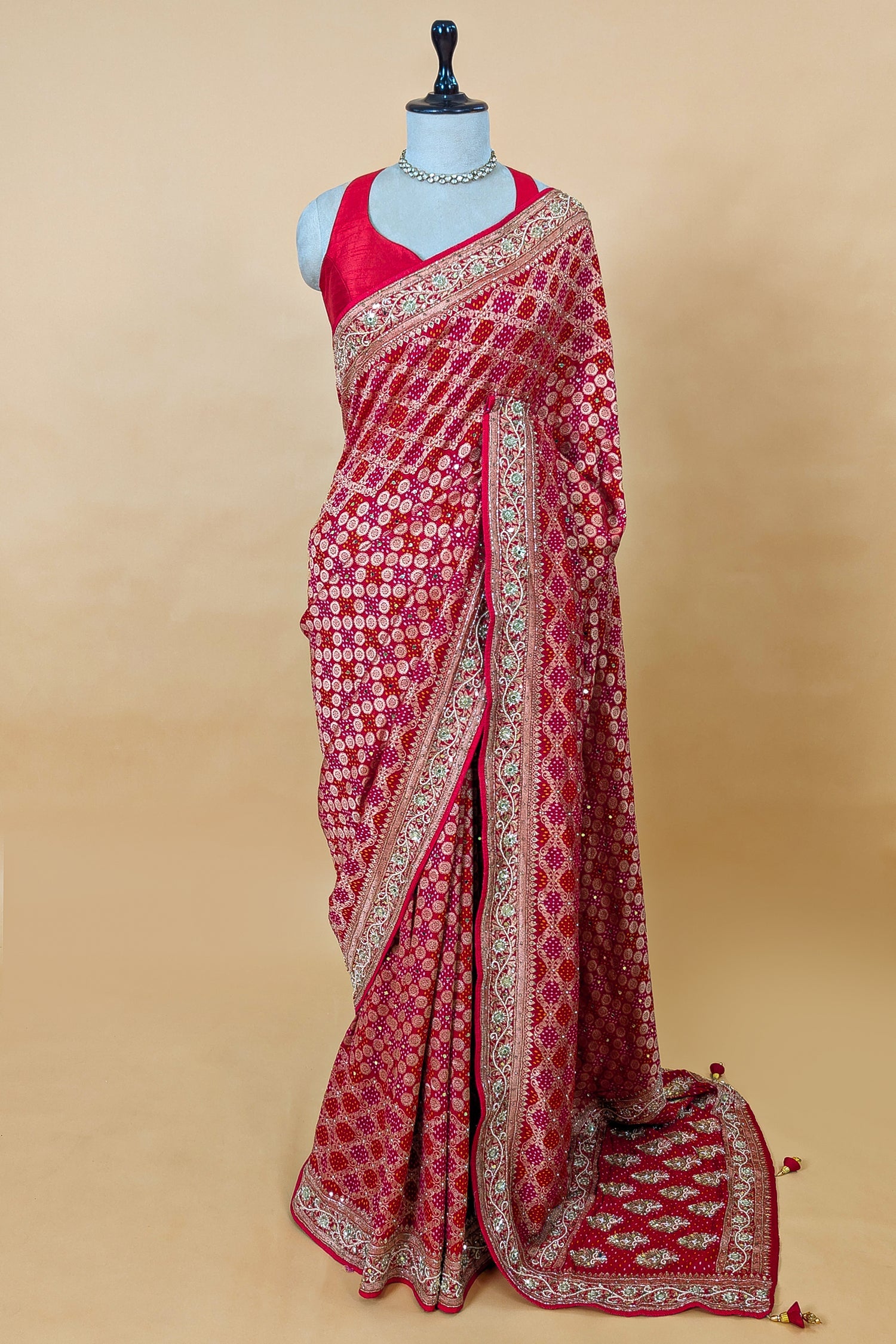 Red and Pink Bandhej Woven Saree with Bead and Cutdana Work - red saree bandhej