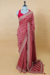 Red and Pink Bandhej Woven Saree with Bead and Cutdana Work