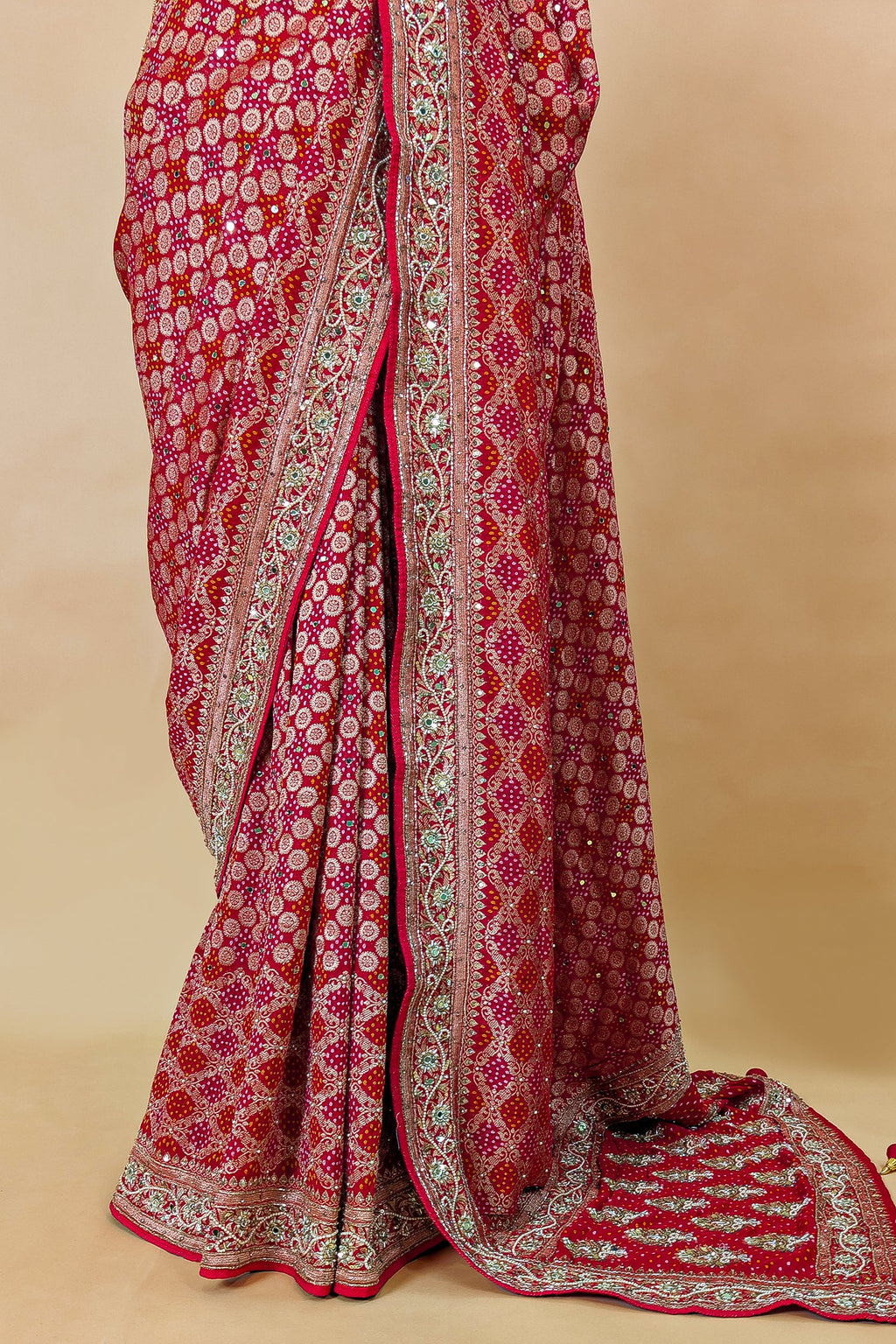 Red and Pink Bandhej Woven Saree with Bead and Cutdana Work - red saree bandhej