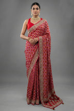 Red and Pink Bandhej Woven Saree with Bead and Cutdana Work - red saree bandhej