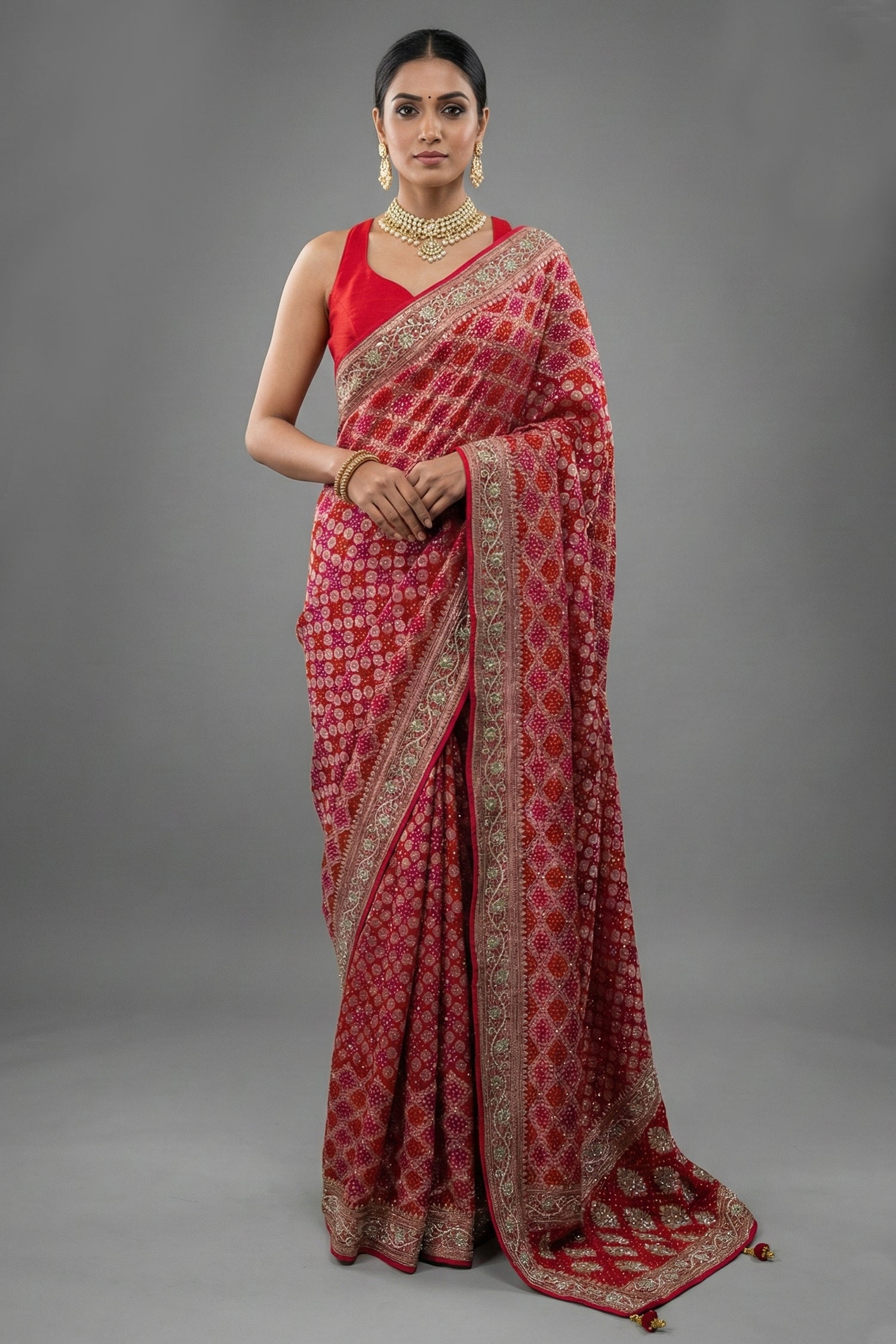 Red and Pink Bandhej Woven Saree with Bead and Cutdana Work - red saree bandhej