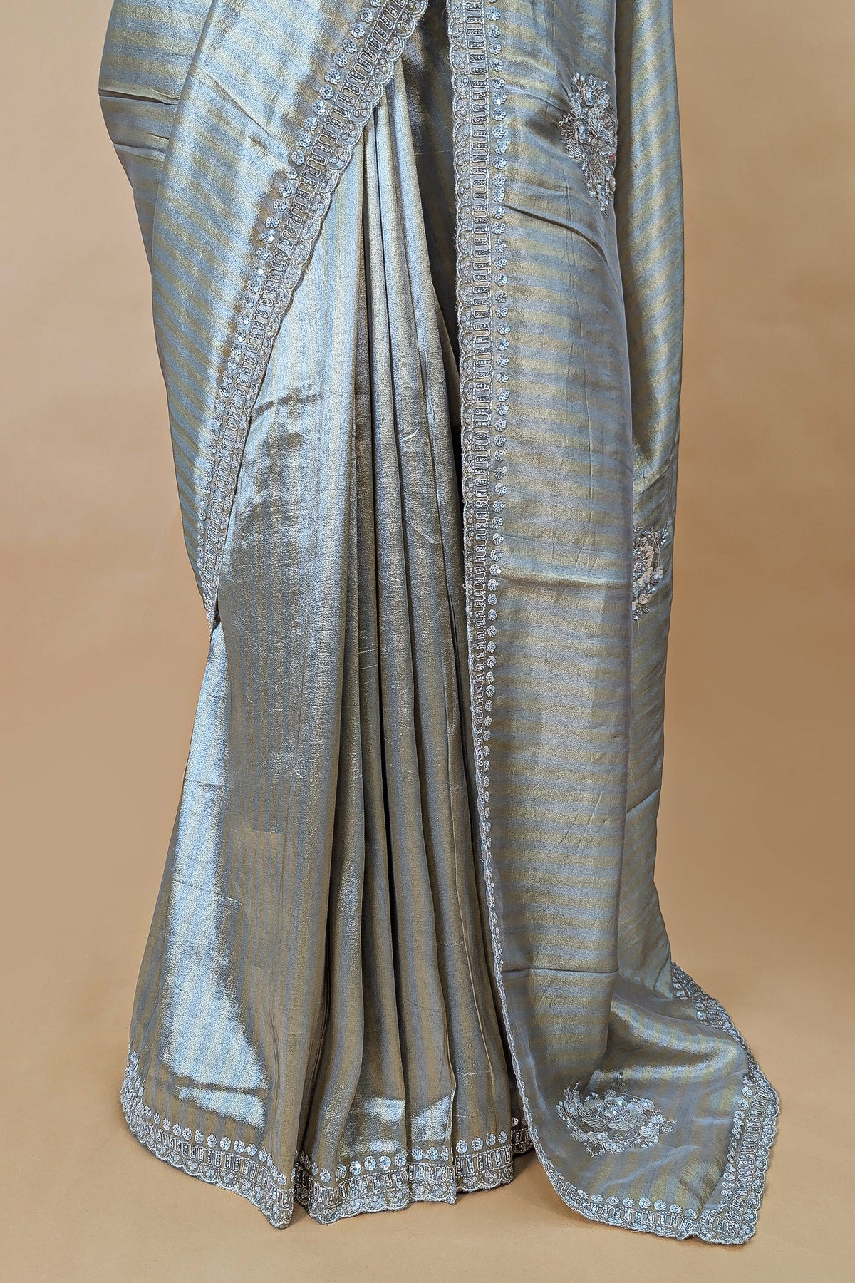 Golden and Silver Tissue Silk Stripe Saree with Sequin and Bead Work - gold silk saree