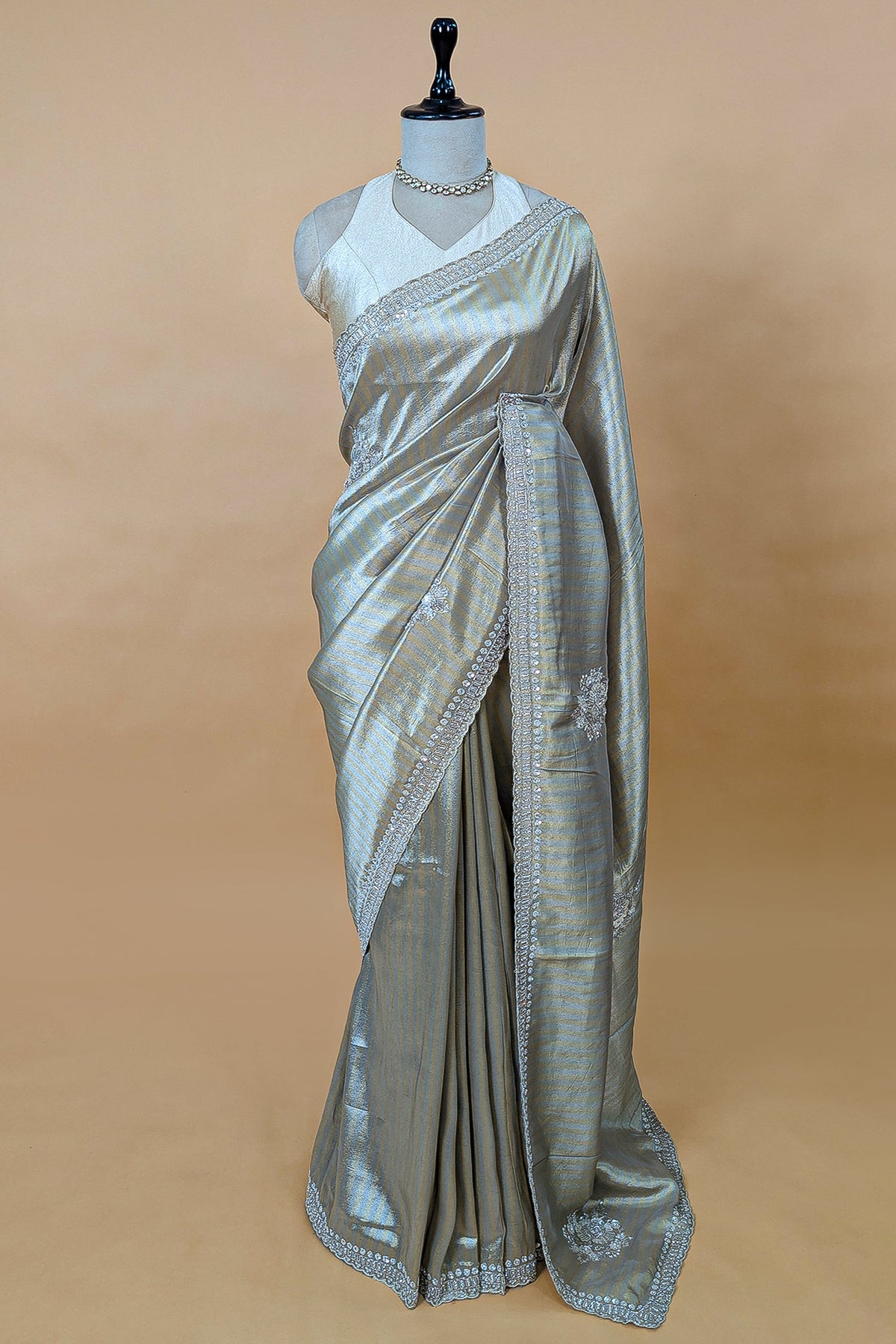 Golden and Silver Tissue Silk Stripe Saree with Sequin and Bead Work - gold silk saree
