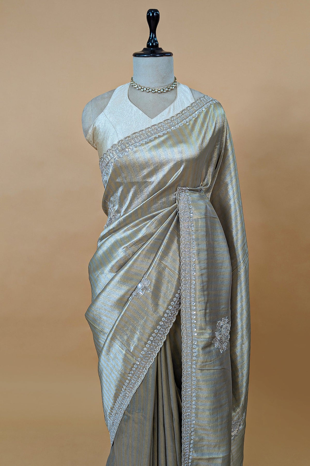 Golden and Silver Tissue Silk Stripe Saree with Sequin and Bead Work - gold silk saree