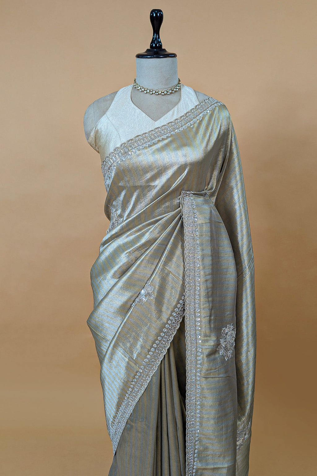 Golden and Silver Tissue Silk Stripe Saree with Sequin and Bead Work - gold silk saree