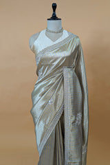 Golden and Silver Tissue Silk Stripe Saree with Sequin and Bead Work