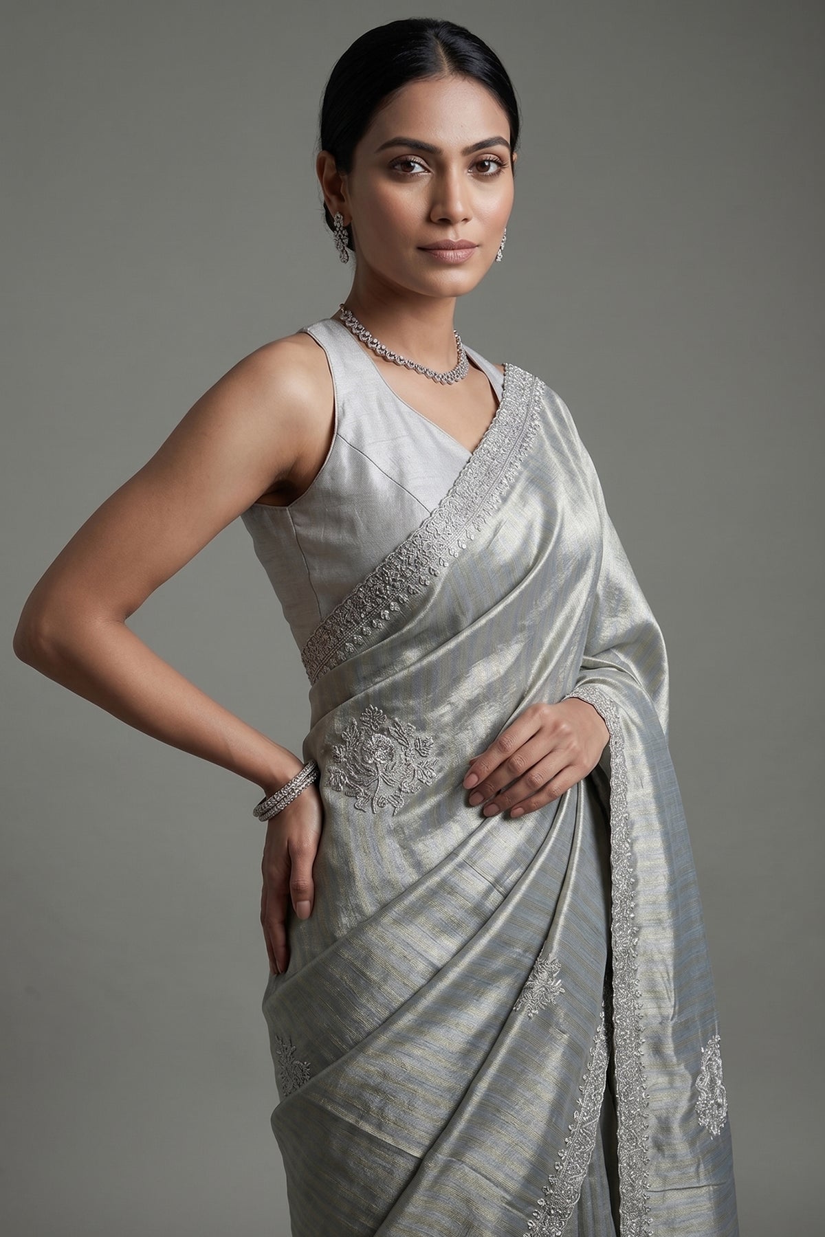 Golden and Silver Tissue Silk Stripe Saree with Sequin and Bead Work - gold silk saree