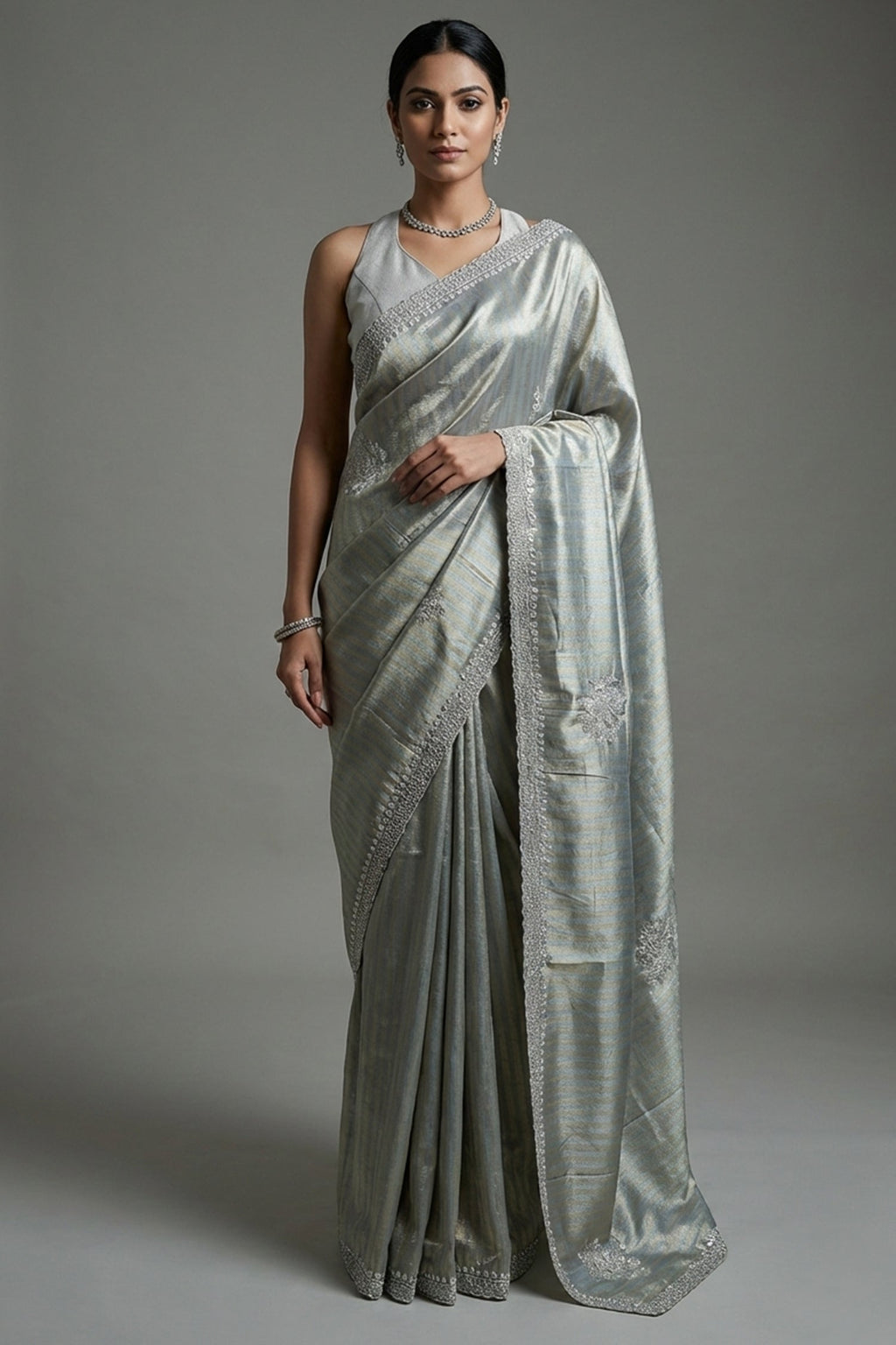 Golden and Silver Tissue Silk Stripe Saree with Sequin and Bead Work - gold silk saree