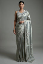 Golden and Silver Tissue Silk Stripe Saree with Sequin and Bead Work - gold silk saree