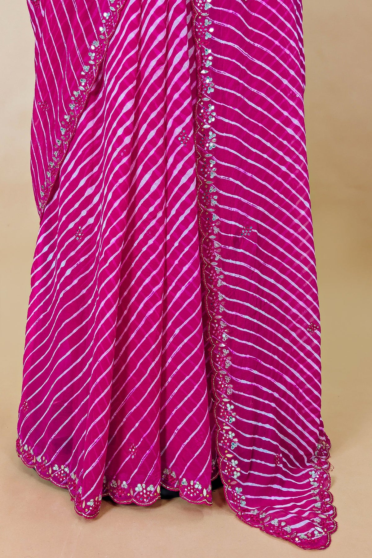 Pink Chiffon Georgette Leheriya Printed Saree with Applique Work - pink chiffon saree