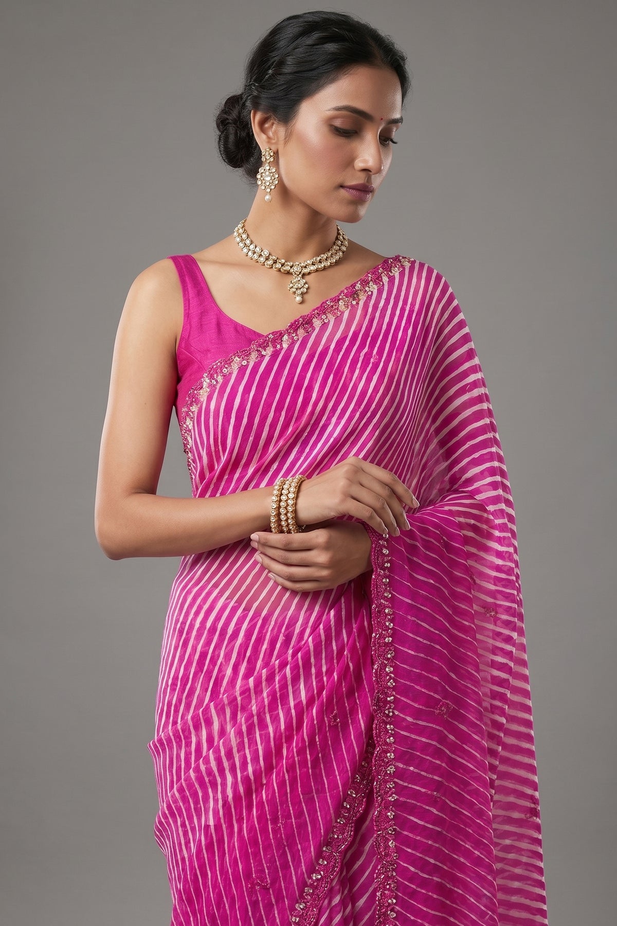 Pink Chiffon Georgette Leheriya Printed Saree with Applique Work - pink chiffon saree