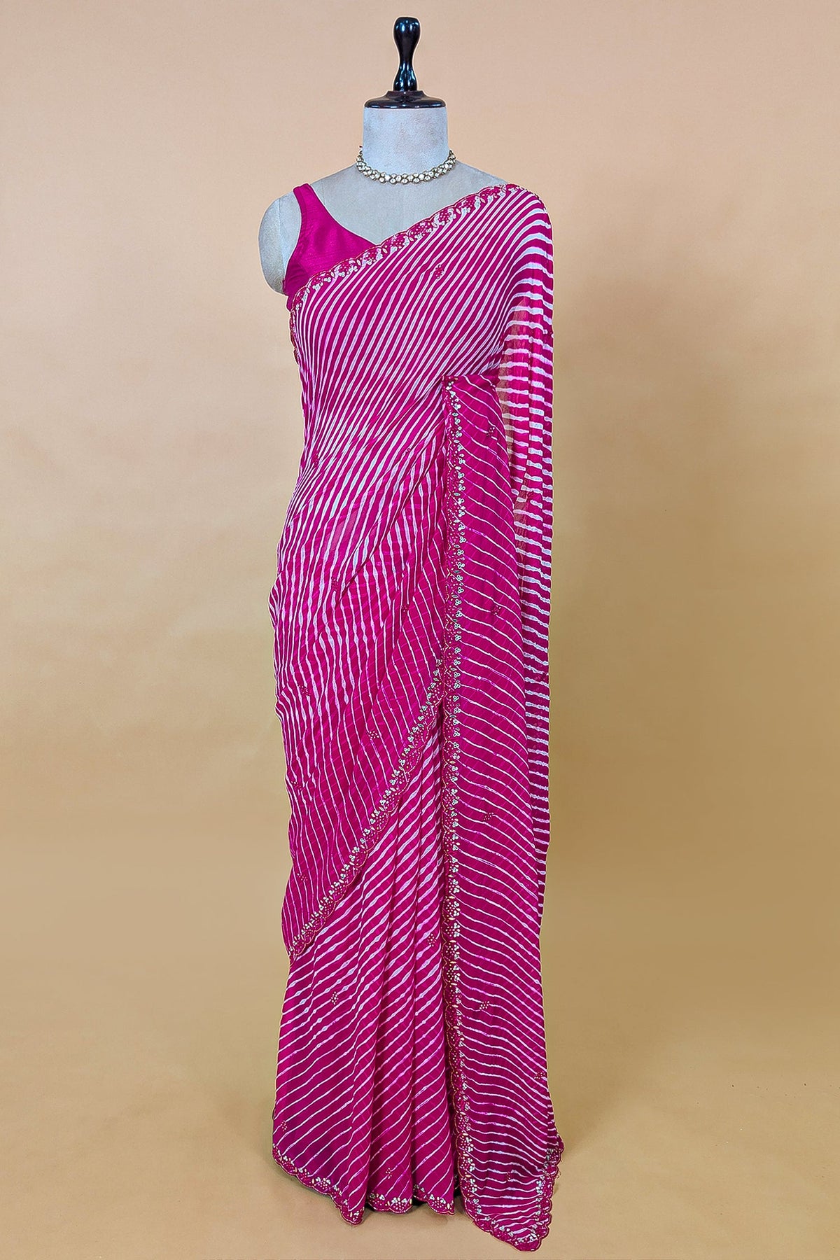 Pink Chiffon Georgette Leheriya Printed Saree with Applique Work - pink chiffon saree