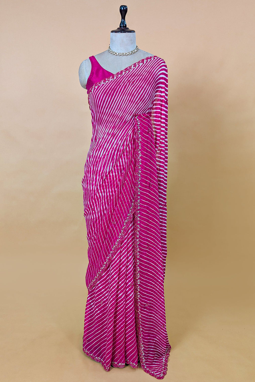 Pink Chiffon Georgette Leheriya Printed Saree with Applique Work - pink chiffon saree