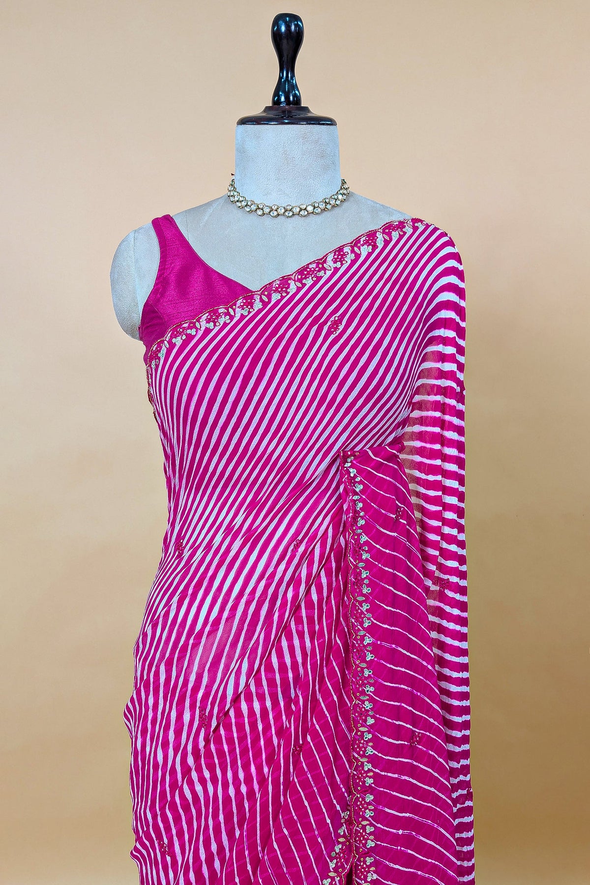 Pink Chiffon Georgette Leheriya Printed Saree with Applique Work - pink chiffon saree