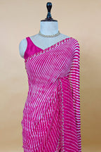 Pink Chiffon Georgette Leheriya Printed Saree with Applique Work - pink chiffon saree