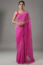 Pink Chiffon Georgette Leheriya Printed Saree with Applique Work - pink chiffon saree