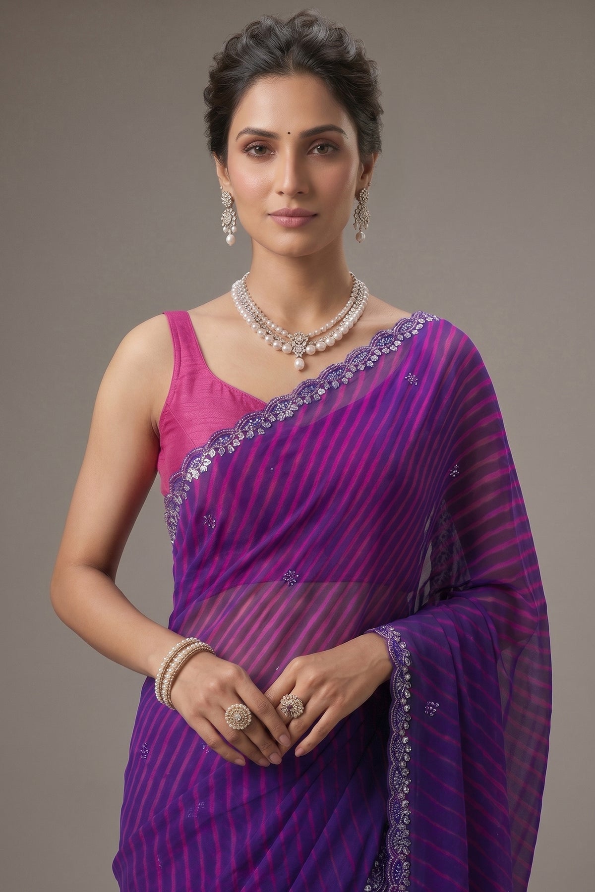 Purple Chiffon Georgette Leheriya Printed Saree with Applique Work - purple chiffon saree