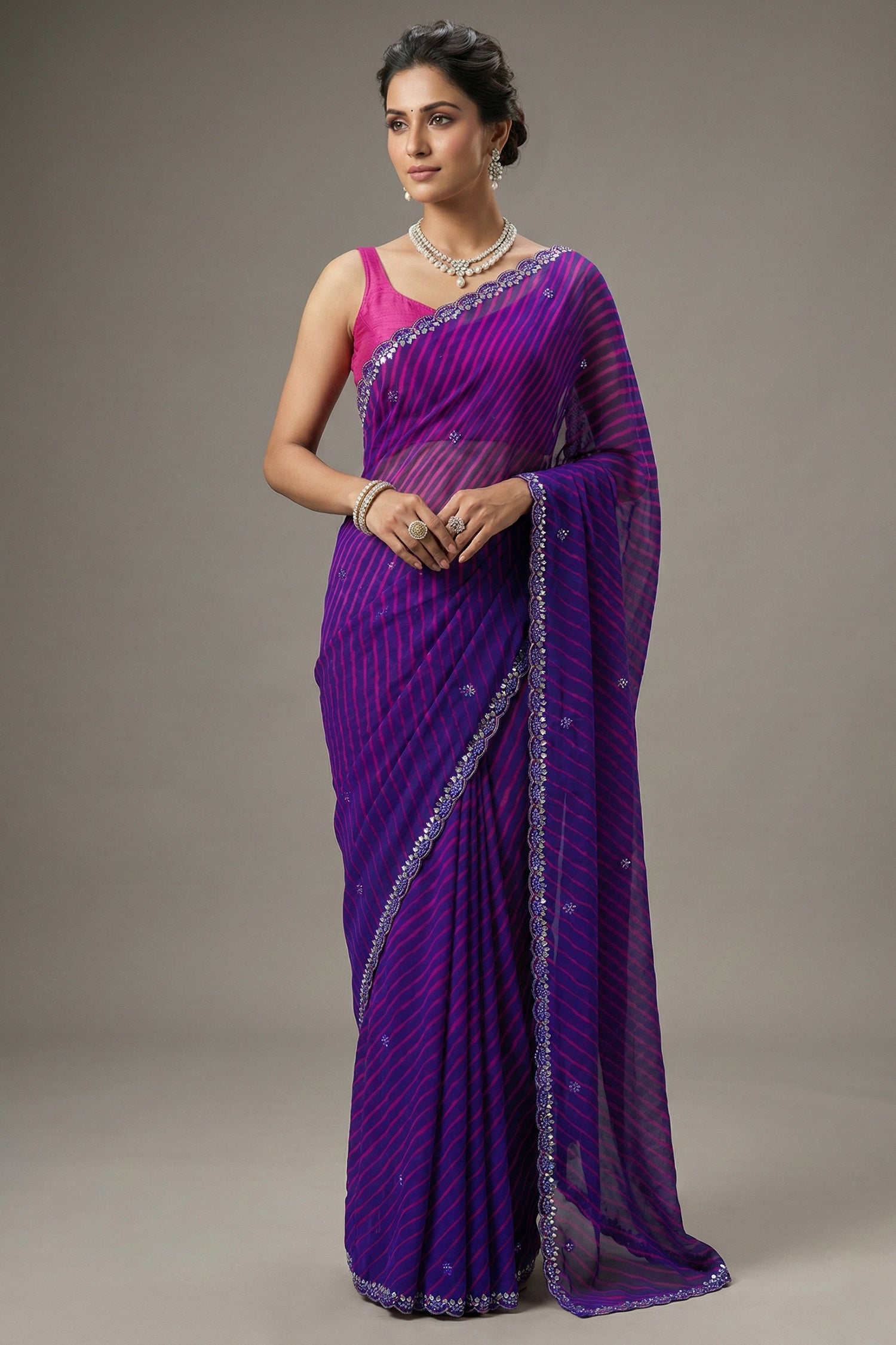 Purple Chiffon Georgette Leheriya Printed Saree with Applique Work - purple chiffon saree Main image