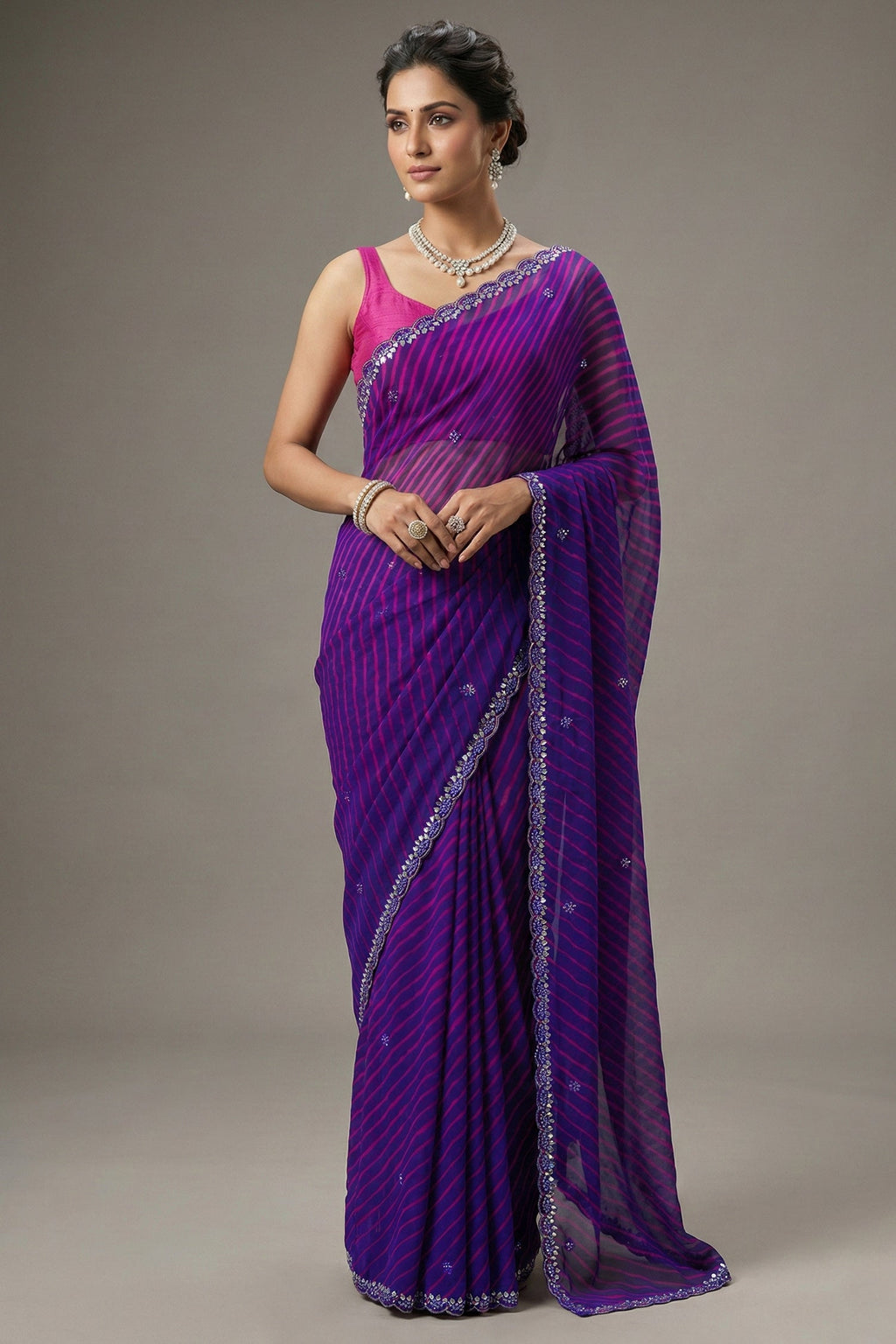 Purple Chiffon Georgette Leheriya Printed Saree with Applique Work - purple chiffon saree