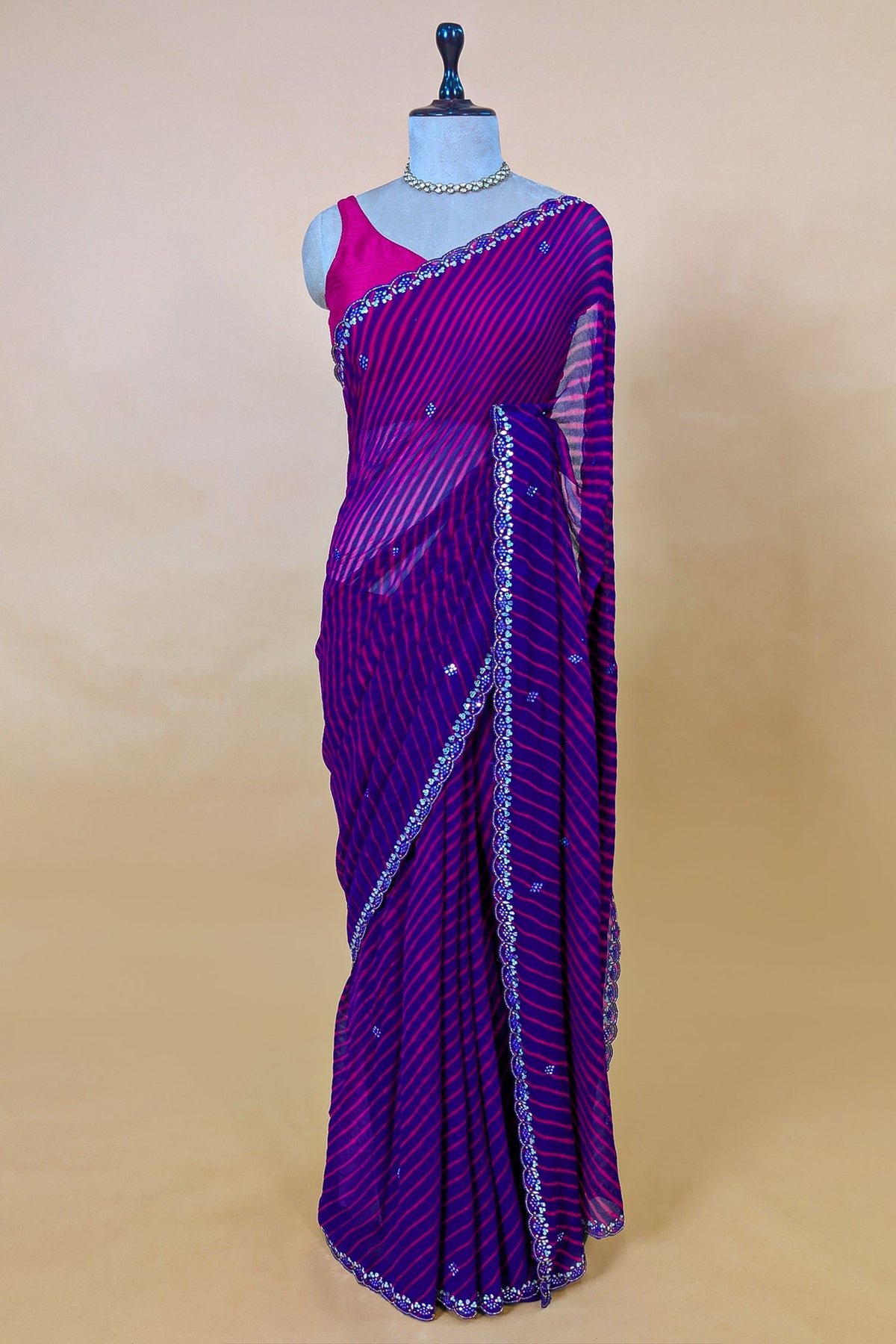 Purple Chiffon Georgette Leheriya Printed Saree with Applique Work - purple chiffon saree