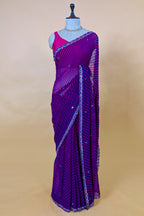 Purple Chiffon Georgette Leheriya Printed Saree with Applique Work - purple chiffon saree