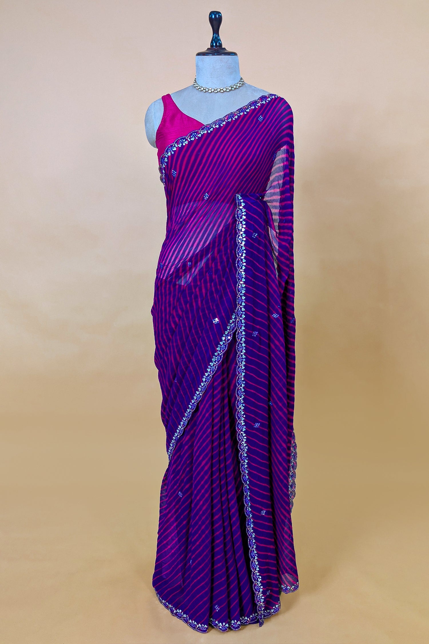Purple Chiffon Georgette Leheriya Printed Saree with Applique Work - purple chiffon saree