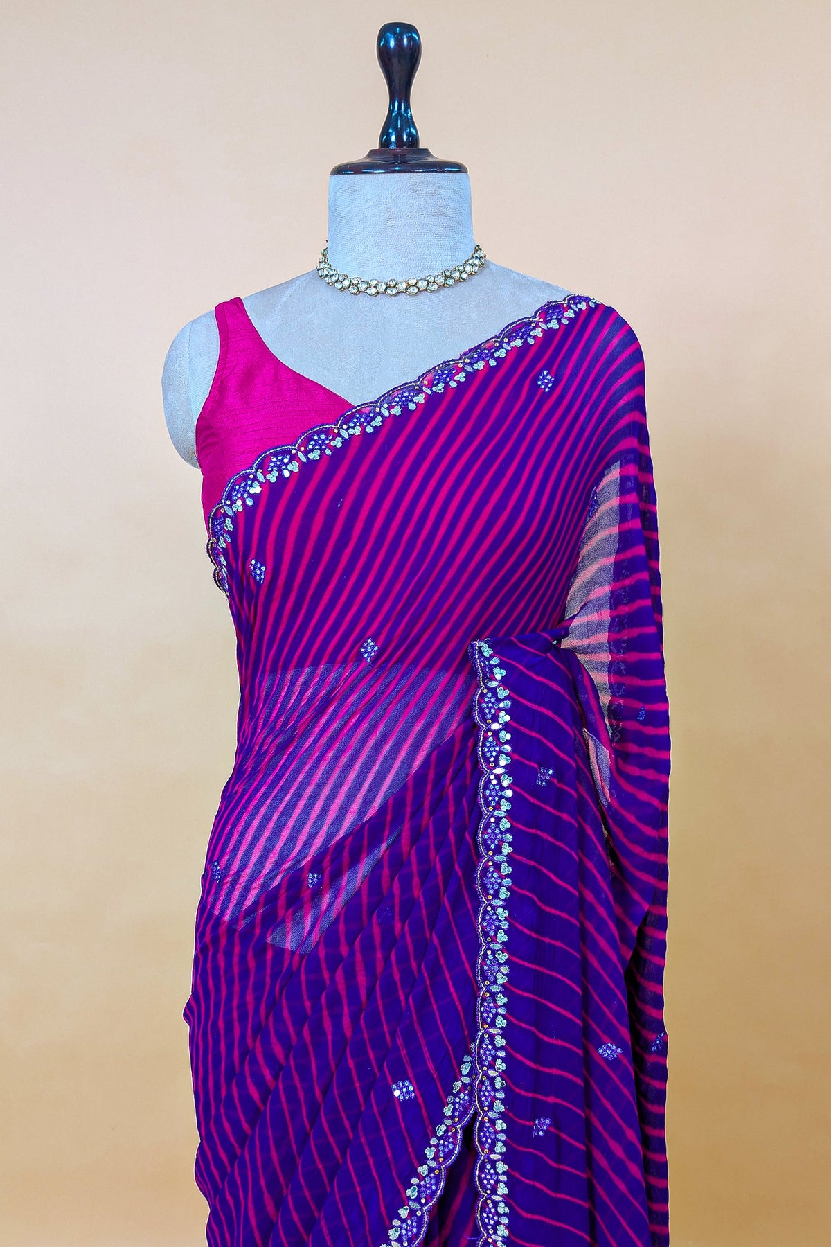 Purple Chiffon Georgette Leheriya Printed Saree with Applique Work - purple chiffon saree