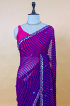 Purple Chiffon Georgette Leheriya Printed Saree with Applique Work - purple chiffon saree