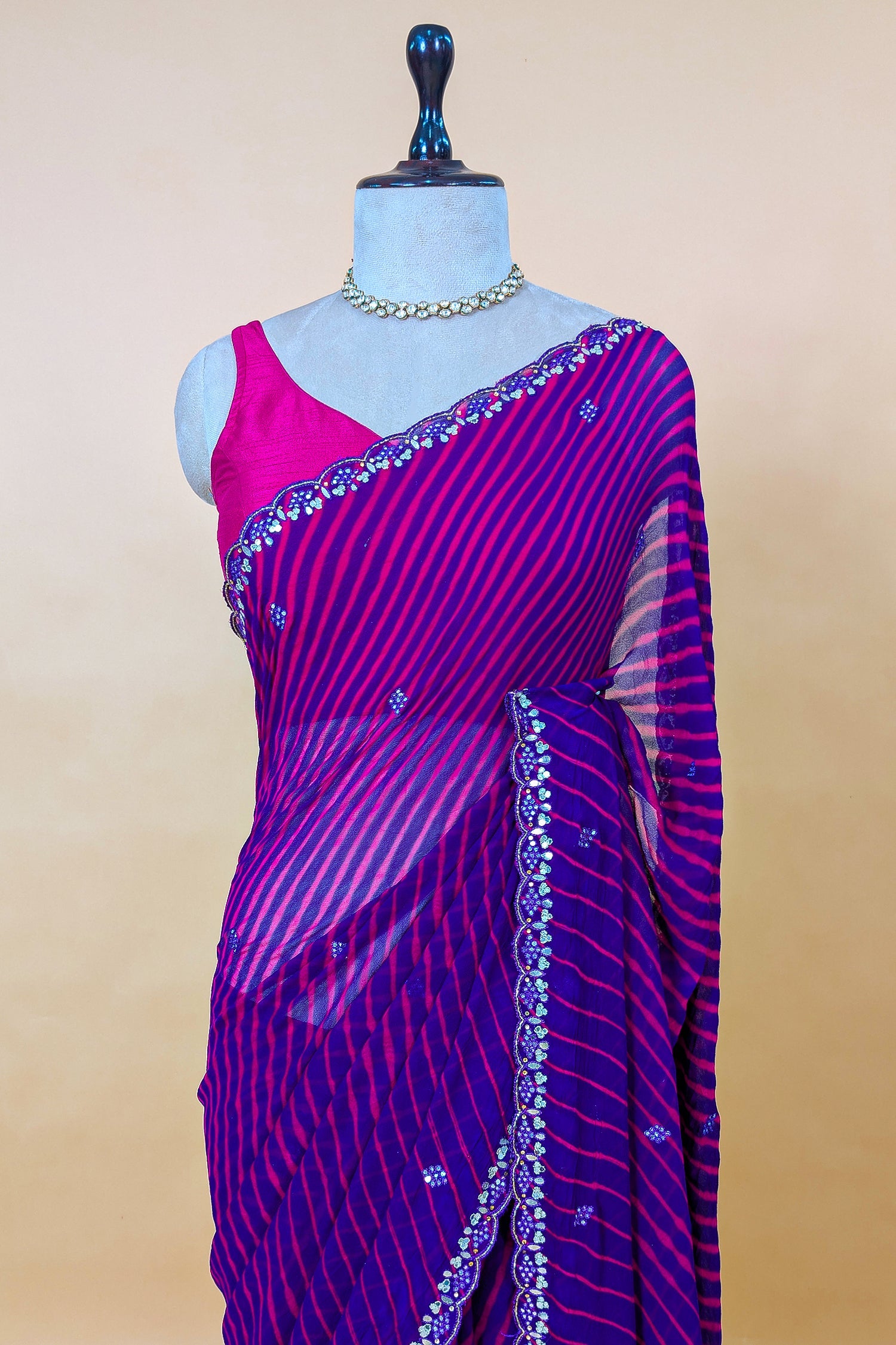Purple Chiffon Georgette Leheriya Printed Saree with Applique Work - purple chiffon saree