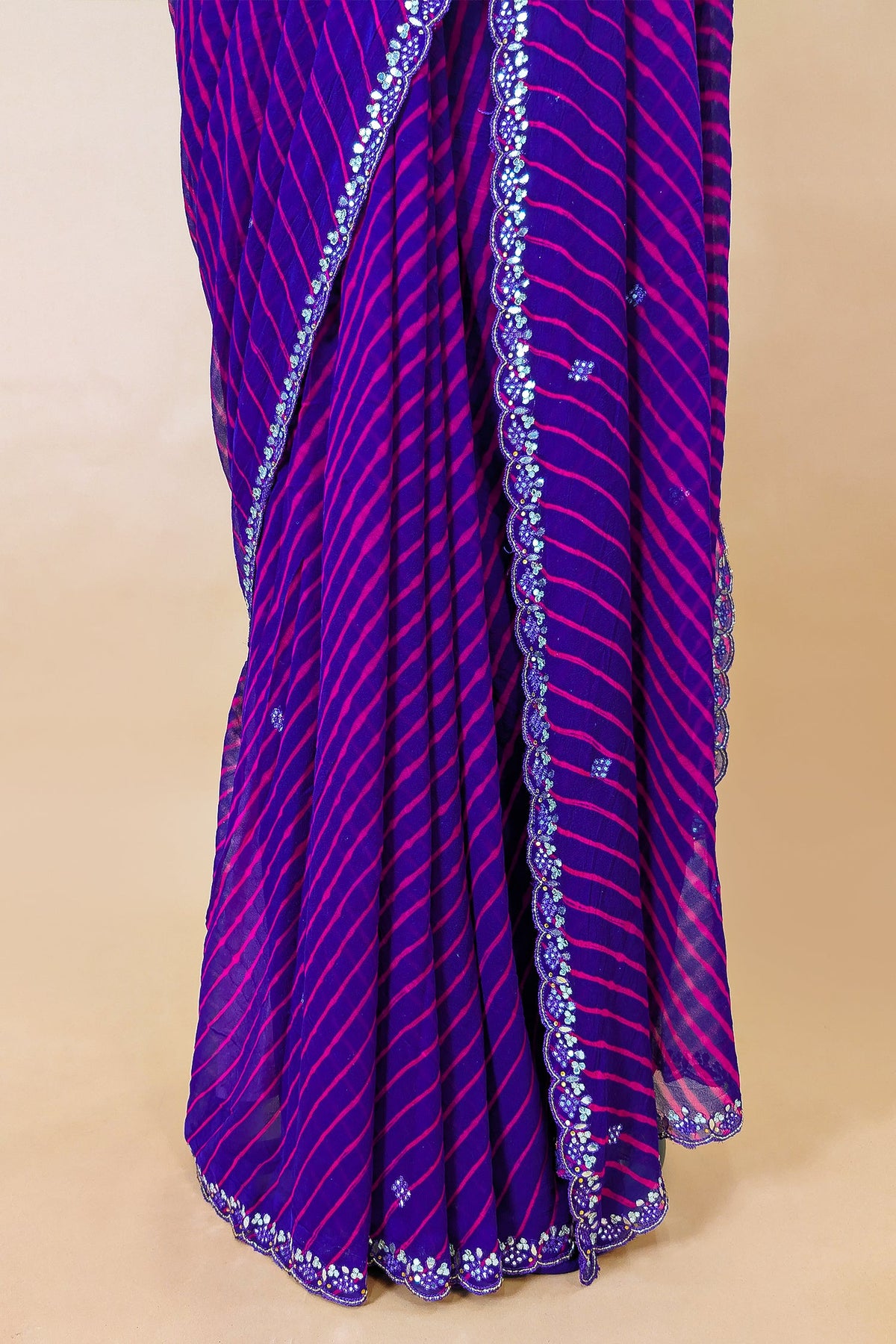 Purple Chiffon Georgette Leheriya Printed Saree with Applique Work - purple chiffon saree