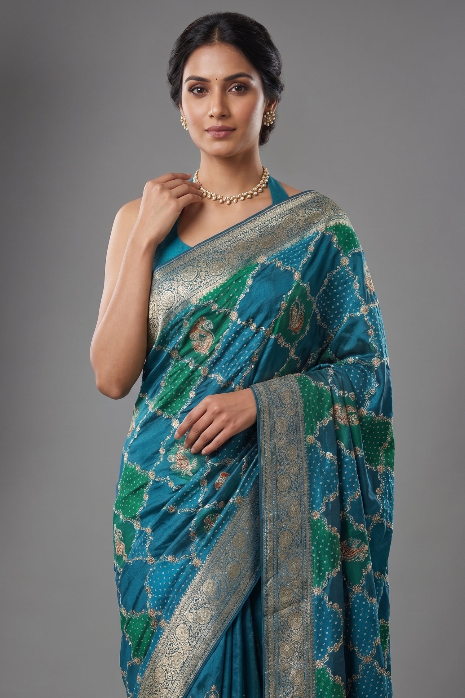 Sky Blue Dola Silk Printed Saree with Embroidery Secondary image