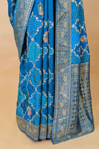 Sky Blue Dola Silk Printed Saree with Embroidery - blue silk saree embroidery
