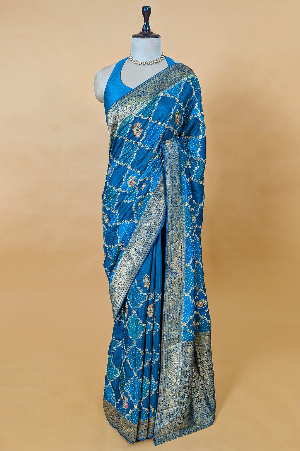 Sky Blue Dola Silk Printed Saree with Embroidery - blue silk saree embroidery