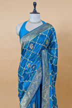 Sky Blue Dola Silk Printed Saree with Embroidery - blue silk saree embroidery
