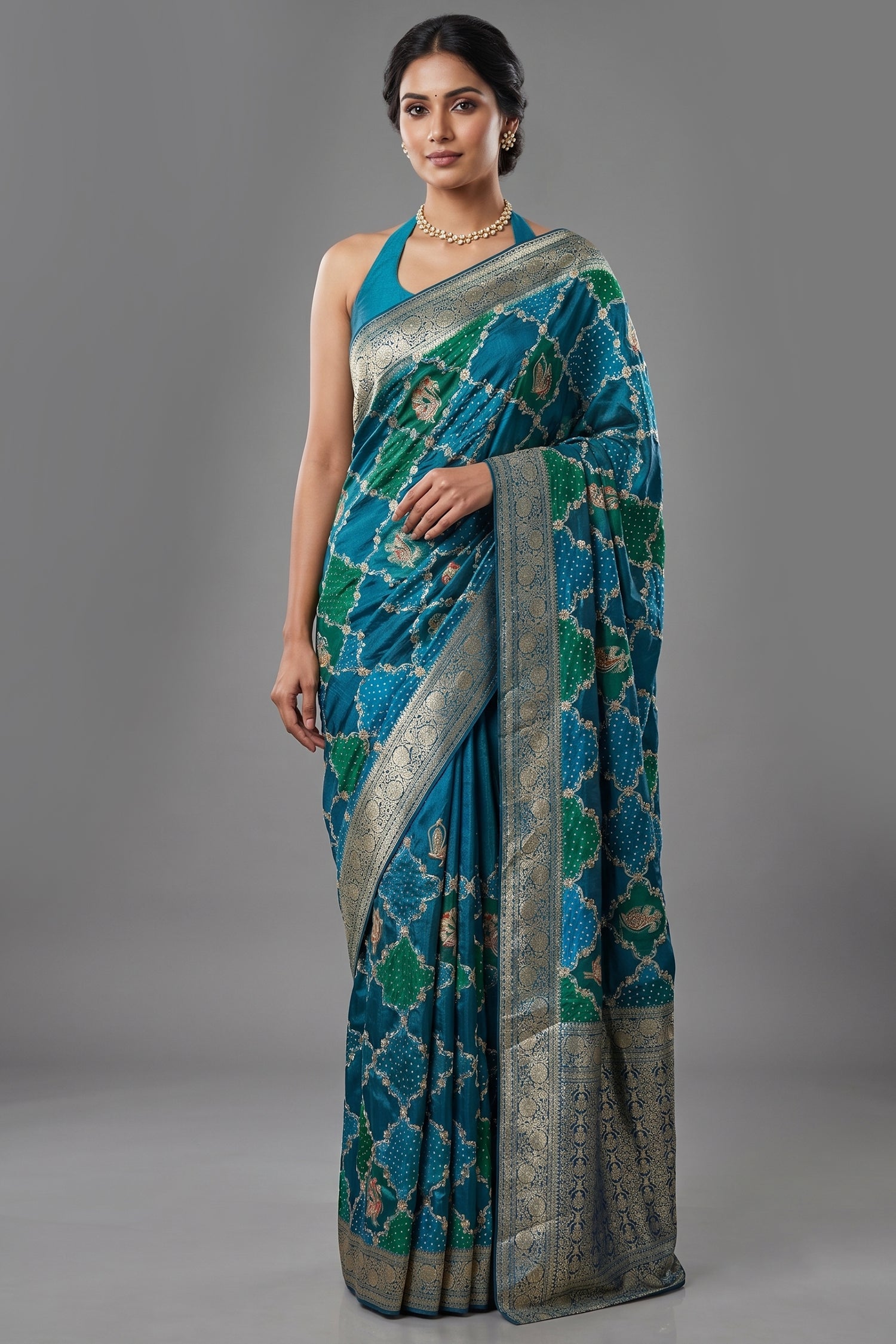 Sky Blue Dola Silk Printed Saree with Embroidery Main image