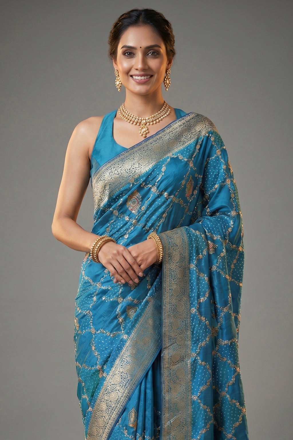 Sky Blue Dola Silk Printed Saree with Embroidery - blue silk saree embroidery