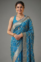 Sky Blue Dola Silk Printed Saree with Embroidery - blue silk saree embroidery