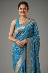 Sky Blue Dola Silk Printed Saree with Embroidery