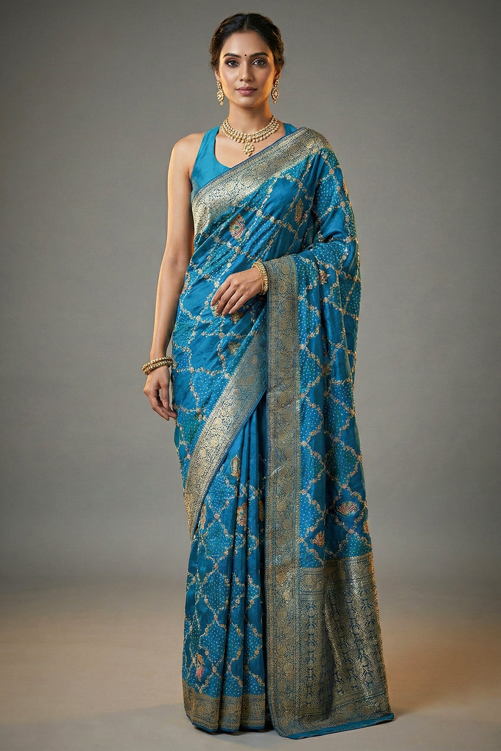 Sky Blue Dola Silk Printed Saree with Embroidery - blue silk saree embroidery