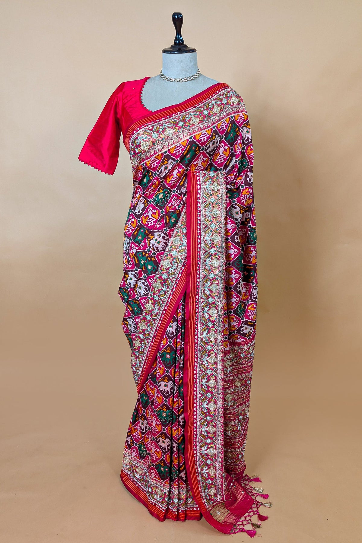 Multi Colored Silk Traditional Checks Patola Saree with Beads and Gota Work - red silk saree patola