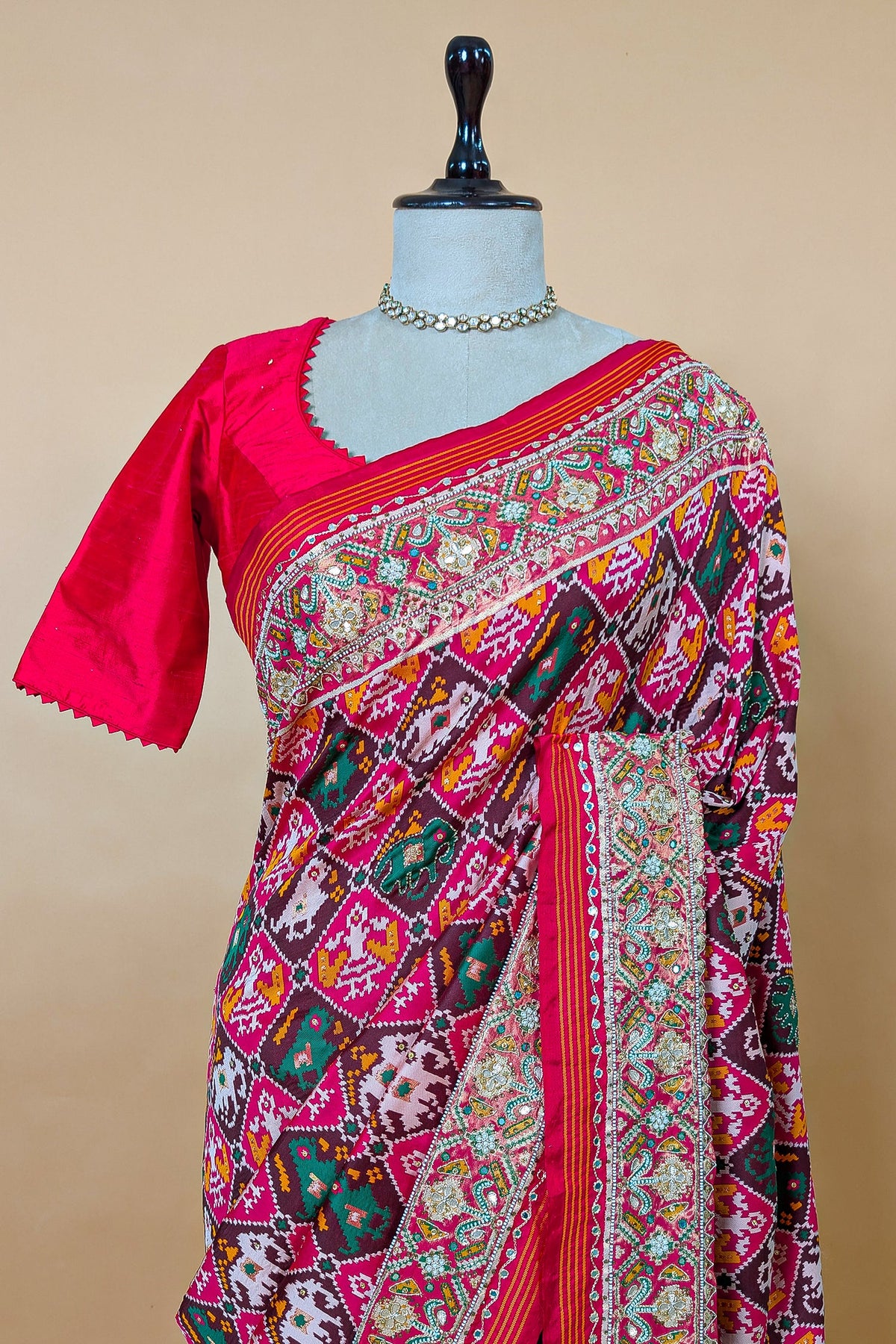 Multi Colored Silk Traditional Checks Patola Saree with Beads and Gota Work - red silk saree patola