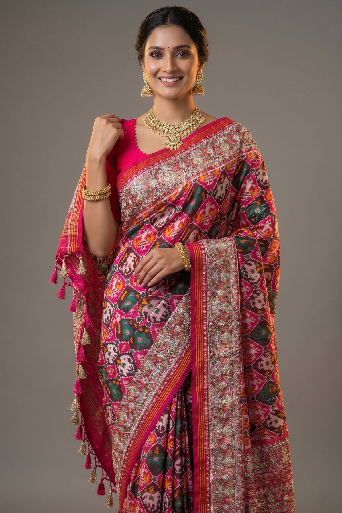Multi Colored Silk Traditional Checks Patola Saree with Beads and Gota Work - red silk saree patola