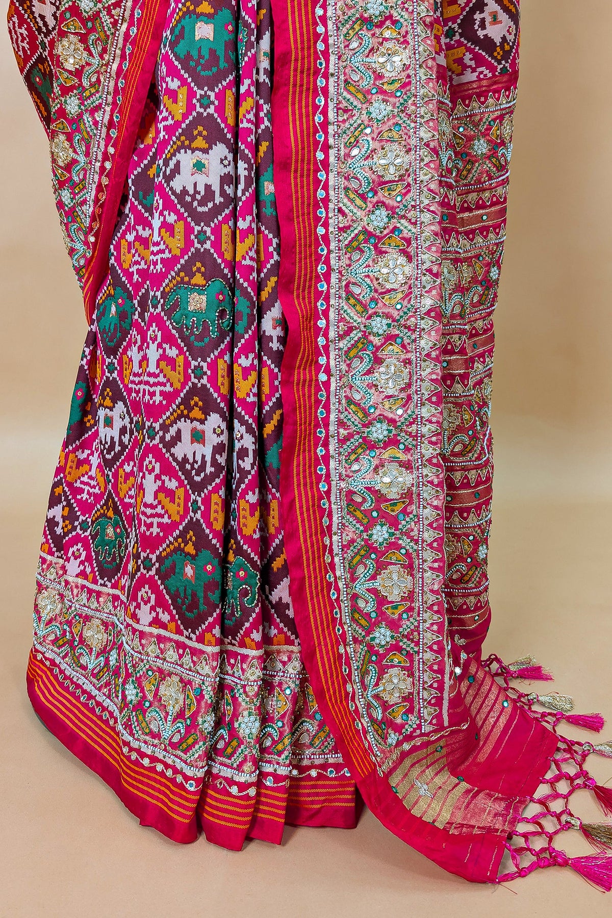 Multi Colored Silk Traditional Checks Patola Saree with Beads and Gota Work - red silk saree patola