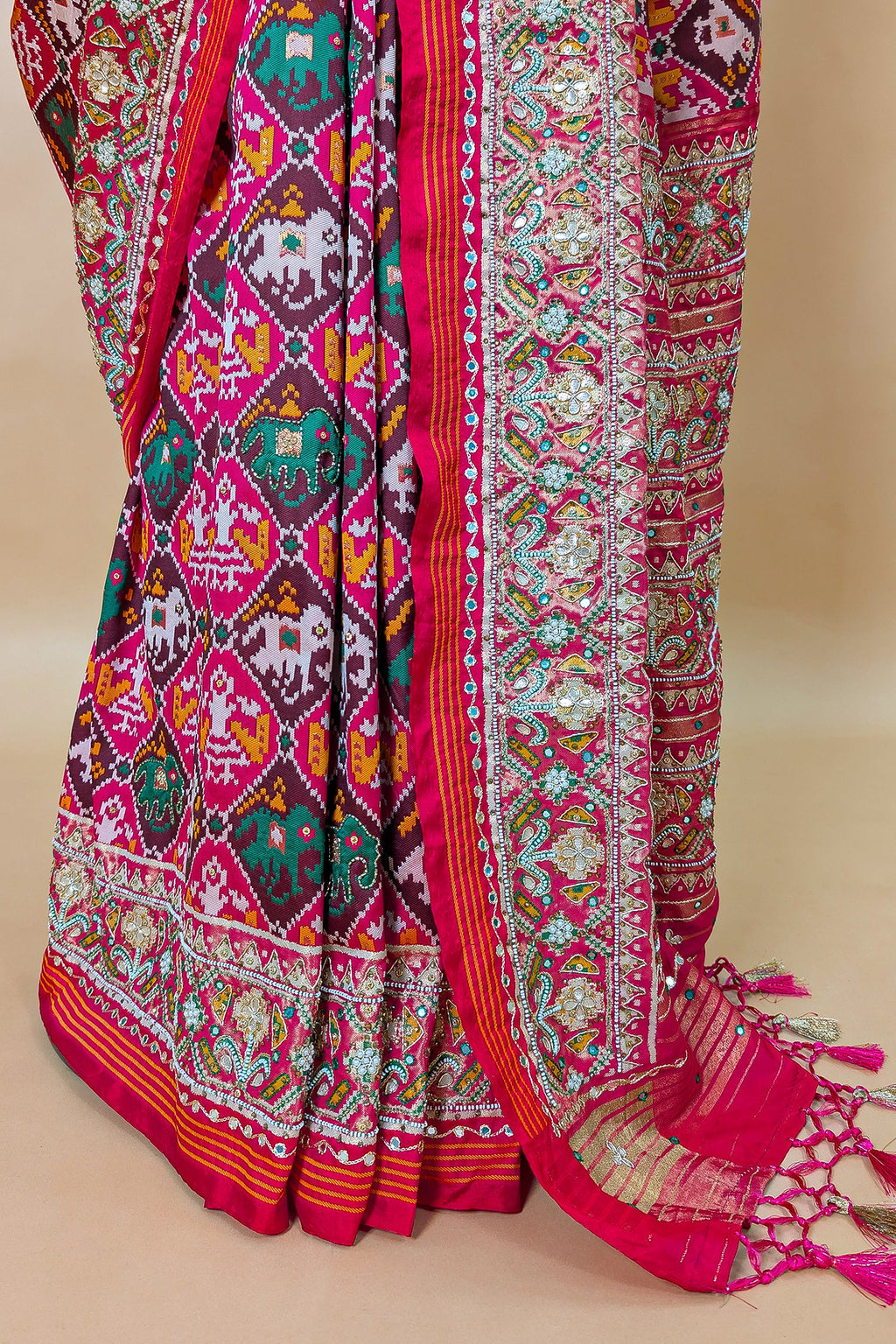 Multi Colored Silk Traditional Checks Patola Saree with Beads and Gota Work - red silk saree patola