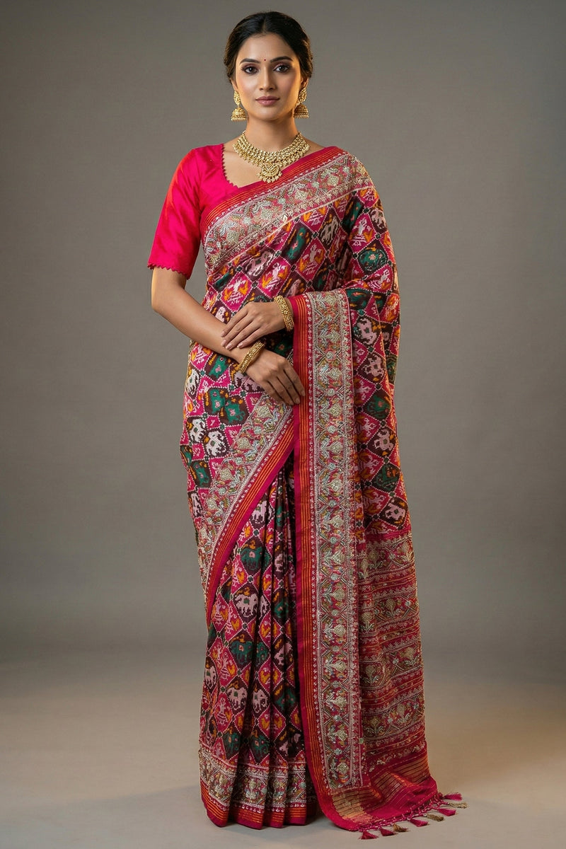 Multi Colored Silk Traditional Checks Patola Saree with Beads and Gota Work - red silk saree patola