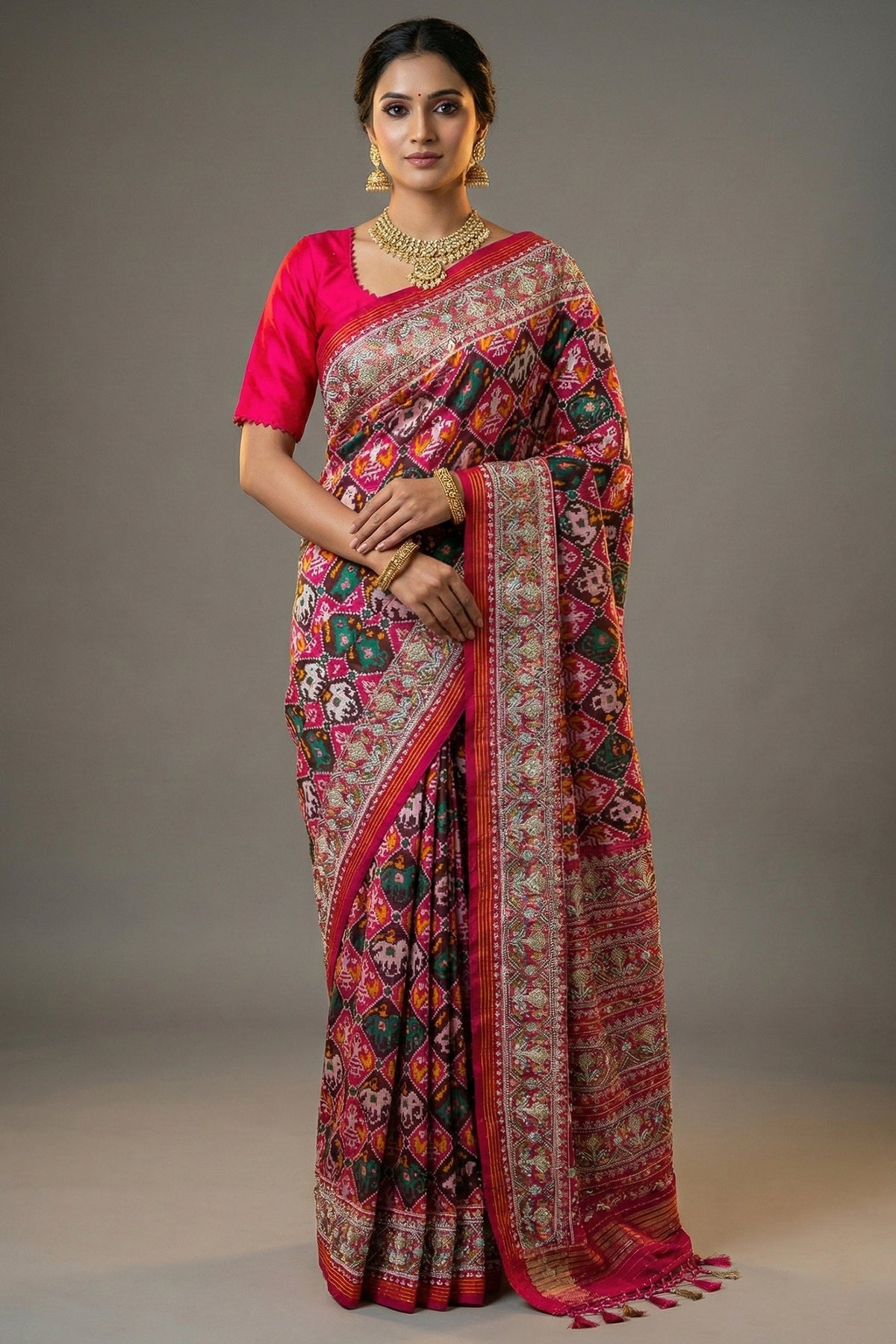 Multi Colored Silk Traditional Checks Patola Saree with Beads and Gota Work